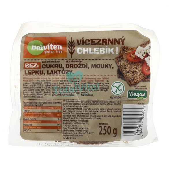 Balviten gluténmentes teljeskiőrlésű magvas kenyér 250g